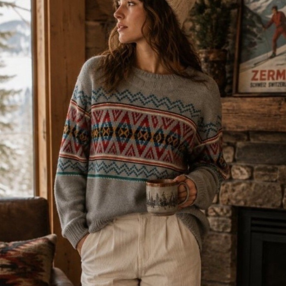 Gray Fair Isle Nordic Wool Blend Sweater Après Cabin Core Grandpa Core H&M LOGG